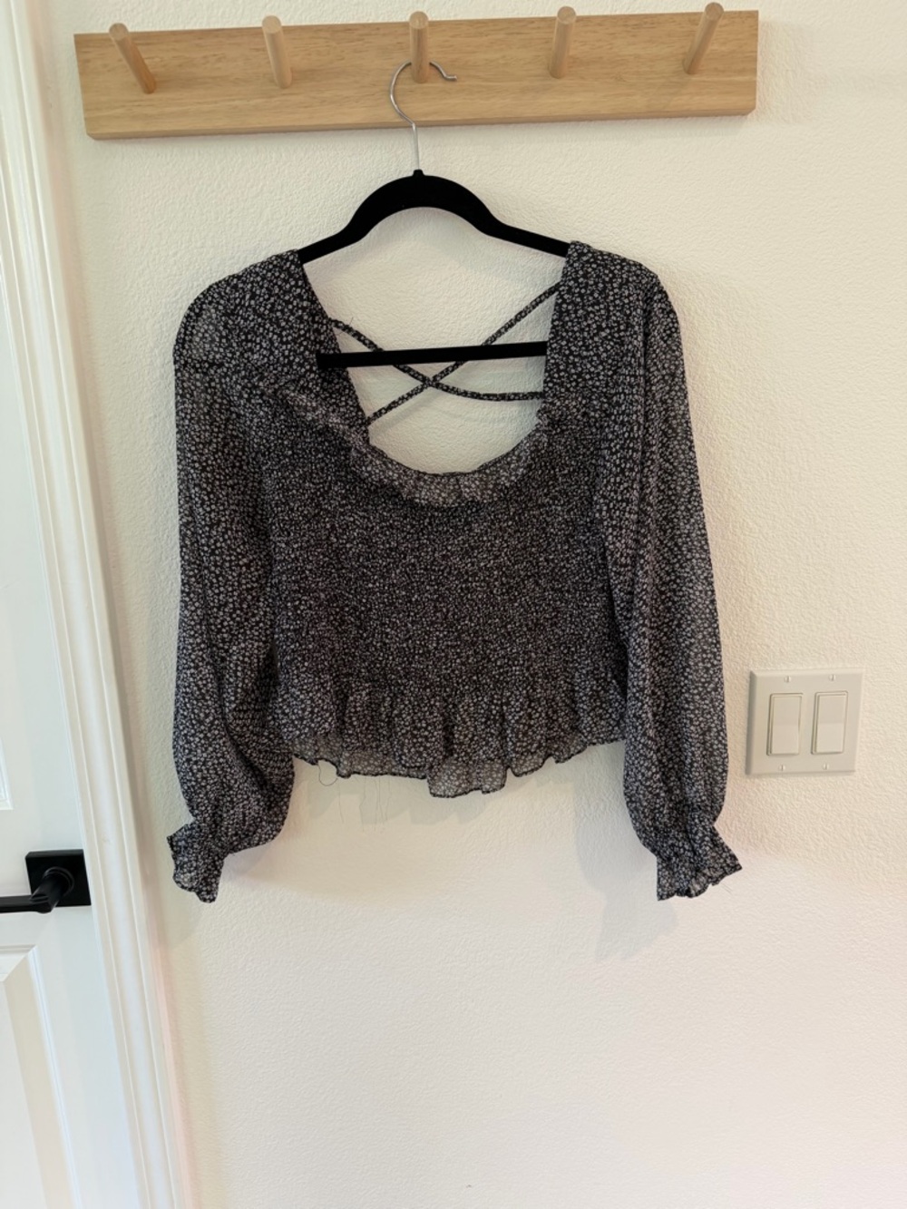 Papermoon Black Floral Smocked Ruffle Long-Sleeve Top